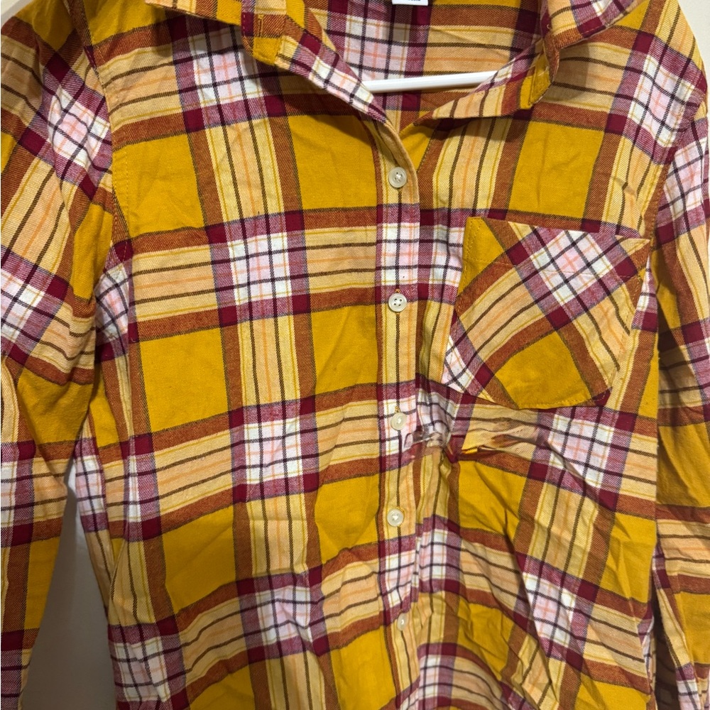 Women's Yellow and Red Plaid Button-Up Shirt